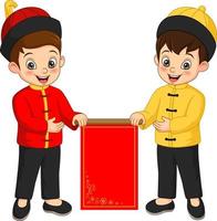 Cartoon chinese kids holding a blank sign vector