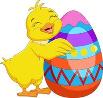 Happy baby chick with Easter eggs vector