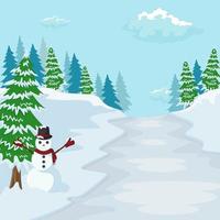 Christmas landscape with christmas tree and snowman vector