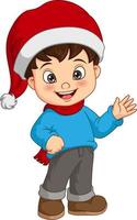 Cartoon little boy wear santa hat waving hand vector