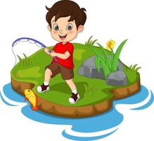 Cartoon little boy fishing in a river