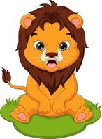 lindo bebé león caricatura sentado en la hierba vector