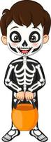 niño pequeño de dibujos animados con traje de esqueleto