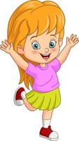 Cartoon little girl in dressed raising hands vector