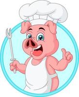 Cartoon little pig chef holding a fork vector