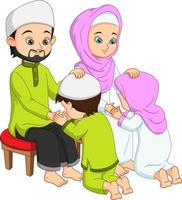 Muslim kids prostrating and kissing his parents hands vector