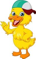 Cute baby duck cartoon wearing hat waving hand vector