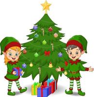 duendes de dibujos animados decorando un árbol de navidad