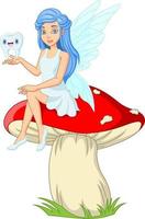 Cartoon little tooth fairy sitting with a tooth on the mushroom vector