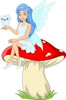 Cartoon little tooth fairy sitting with a tooth on the mushroom vector