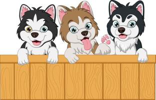 Set of three baby dog cartoon with wooden sign