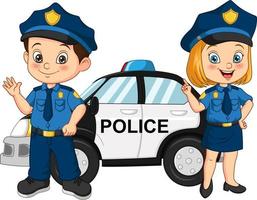 niños de la policía de dibujos animados de pie cerca del coche de policía vector