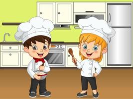 Cartoon little kids cooking in the kitchen vector