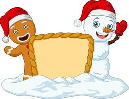Cute snowman and gingerbread man with blank board sign vector