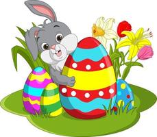 Happy Easter. Cute Easter bunny with huge eggs in the grass vector