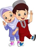 Happy muslim kid cartoon with peace sign vector