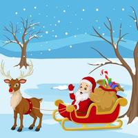 Cartoon santa claus rides in sleigh carrying a sack of gifts with reindeer vector