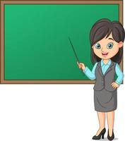 Young female teacher with blackboard and pointing stick