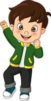 Cartoon happy little boy in green jacket vector