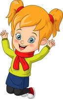 Cartoon little girl in autumn clothes jumping