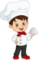 Cute little boy chef holding a silver tray vector