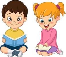 Cute little boy and girl students reading a book together vector