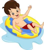 Cute boy floating on inflatable ring vector