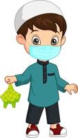 Happy muslim boy cartoon in face mask holding a ketupat vector