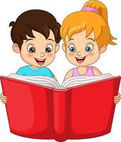 Cute little boy and girl students reading a book vector
