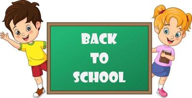Cartoon kids back to school standing behind blackboard
