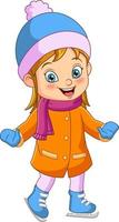 Cute little girl in winter clothes playing ice skating vector