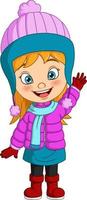 Cartoon little girl wearing winter clothes waving hand vector