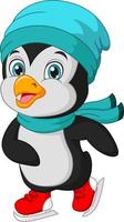 pequeño pingüino lindo jugando patinaje sobre hielo vector