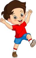 Cartoon happy little boy raising hands vector