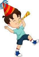 Happy little boy blowing a paper trumpet vector