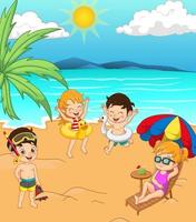 Group of cartoon happy kids at the beach vector