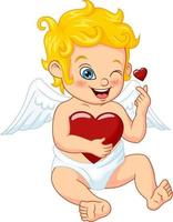 Cute little cupid hugging a heart vector