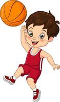 Cartoon funny little boy playing basketball vector