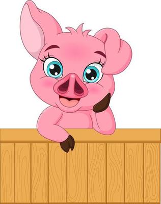 Cute baby pig cartoon with wooden sign