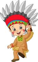niño pequeño de dibujos animados con traje de indio americano sosteniendo un hacha vector