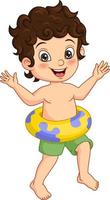 Cartoon happy little boy with inflatable lifebuoy vector