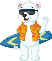 oso polar de dibujos animados con tabla de surf vector