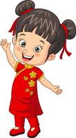 dibujos animados feliz niña china agitando la mano vector