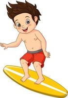 niño surfista de dibujos animados montando tabla de surf vector