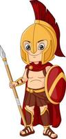 niño guerrero espartano de dibujos animados con lanza y escudo vector
