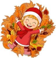 caricatura, niña feliz, acostado, en, otoño sale vector