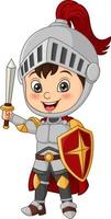 Cartoon knight boy holding sword and shield vector