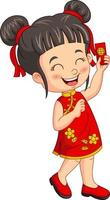 niña china de dibujos animados sosteniendo un sobre vector