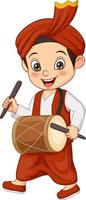 Cartoon happy punjabi boy playing dhol vector