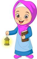 niña musulmana de dibujos animados sosteniendo el libro del corán con linterna de ramadán vector